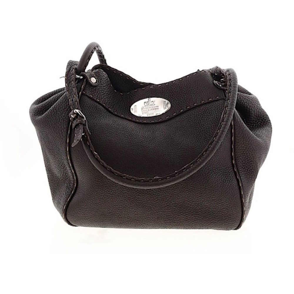 Fendi Selleria Pebbled Leather Shoulder Bag Authentic hand stitched sterling